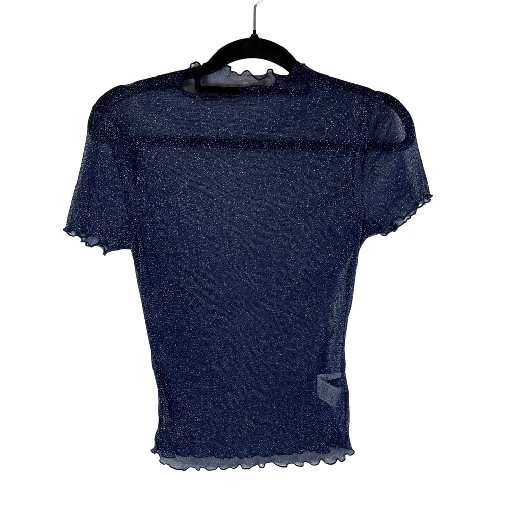 SHEIN Navy Blue Glitter Mesh Sheer Mock Neck Lettuce Trim Top Large Boho